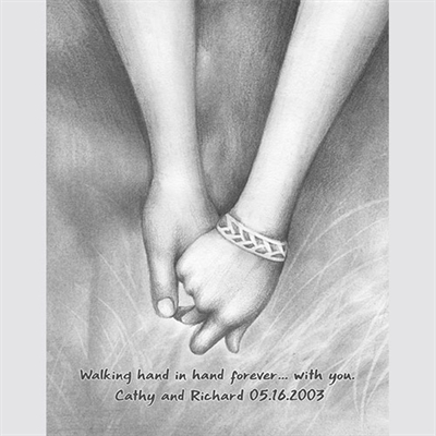 Walking Hand in Hand Forever Pencil Sketch Print with Custom Text for Anniversary,by myDaVinci - myDaVinci